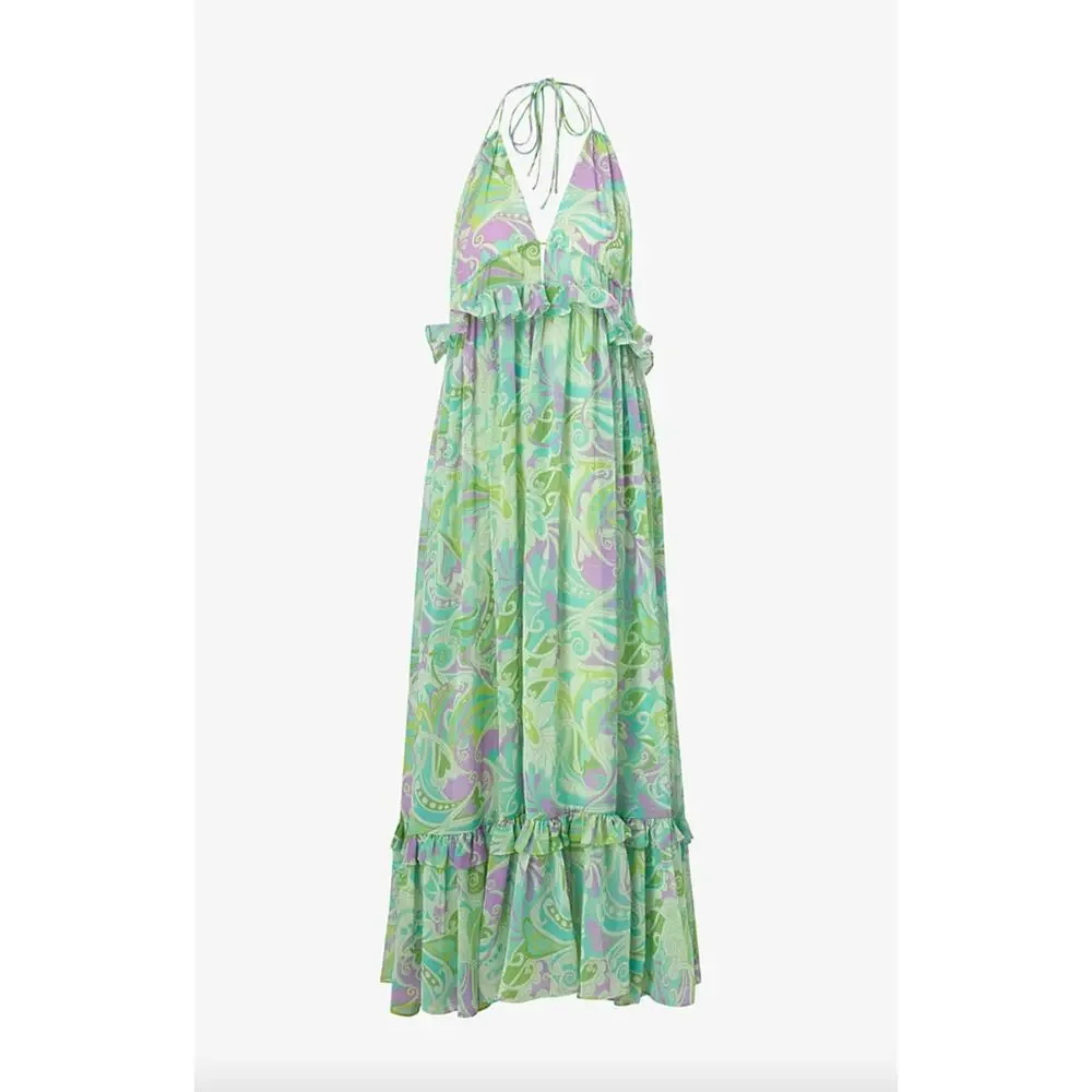 Mango Maxi Dress Chiffon Printed Ruffle Resort Boho Green A Line Medium NWT - Picture 2 of 16